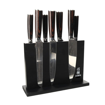 Shinrai Japan - Damascus Print 7-delige Messenset + Magnetisch Messenblok Dubbelzijdig - Zwart Messenset met blok Shinrai Japan 