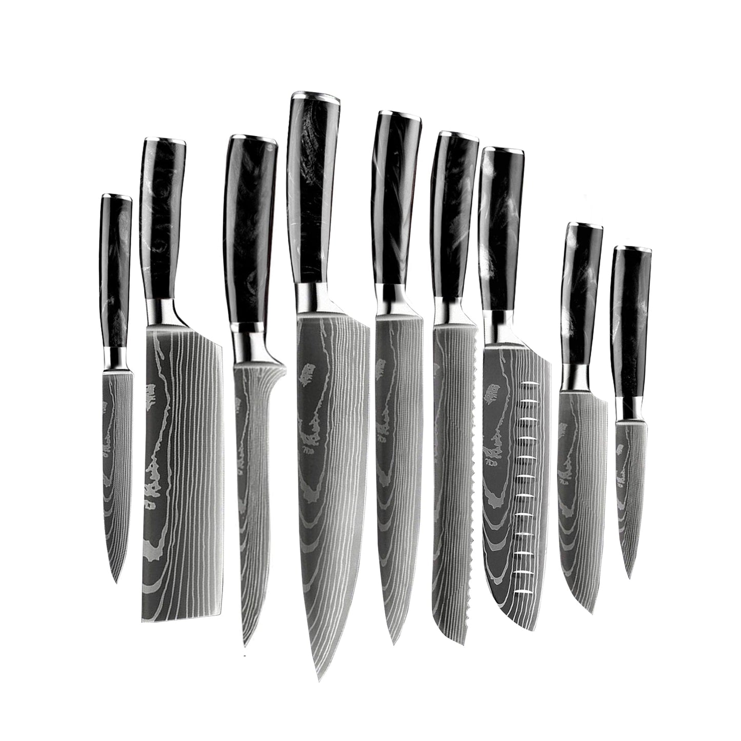 Shinrai Japan - Damascus Print Onyx Epoxy 9-delige Messenset + Magnetisch Messenblok Dubbelzijdig - Zwart Messenset met blok Shinrai Japan 
