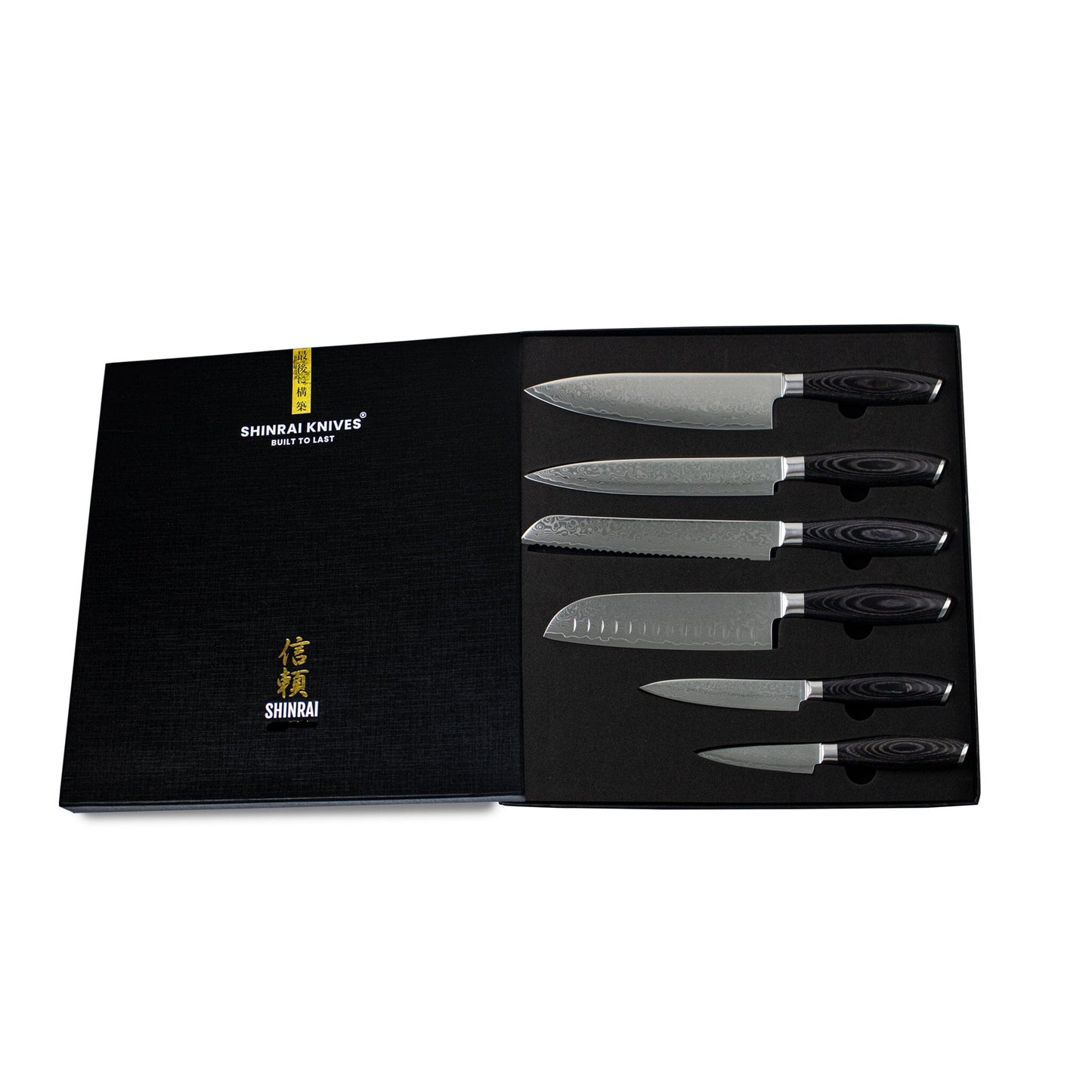 Shinrai Japan - Damast Pakka Wood 6-delige Messenset + Magnetisch Messenblok Dubbelzijdig - Zwart Shinrai Japan 