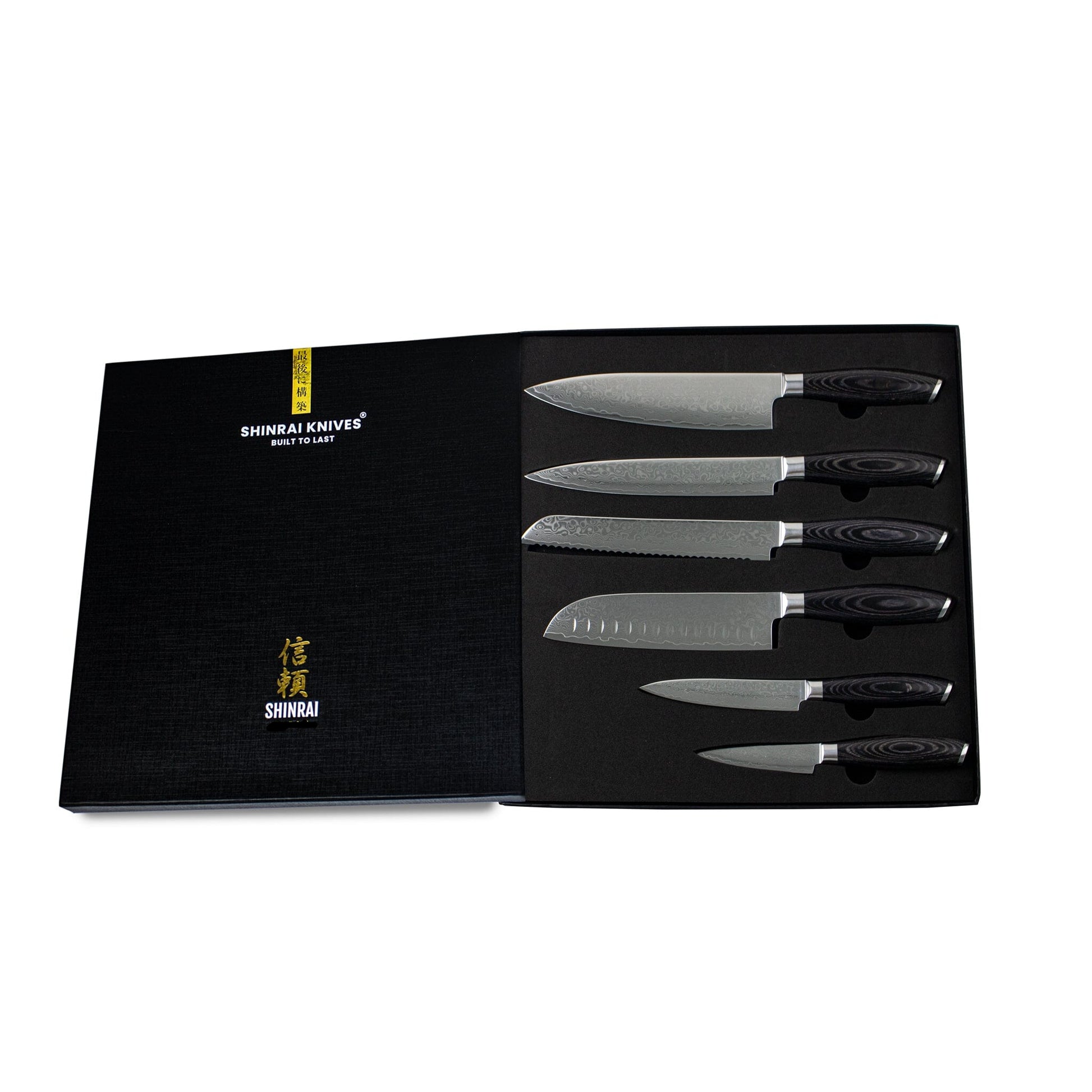 Shinrai Japan - Damast Pakka Wood 6-delige Messenset + Magnetisch Messenblok Dubbelzijdig - Zwart Shinrai Japan 