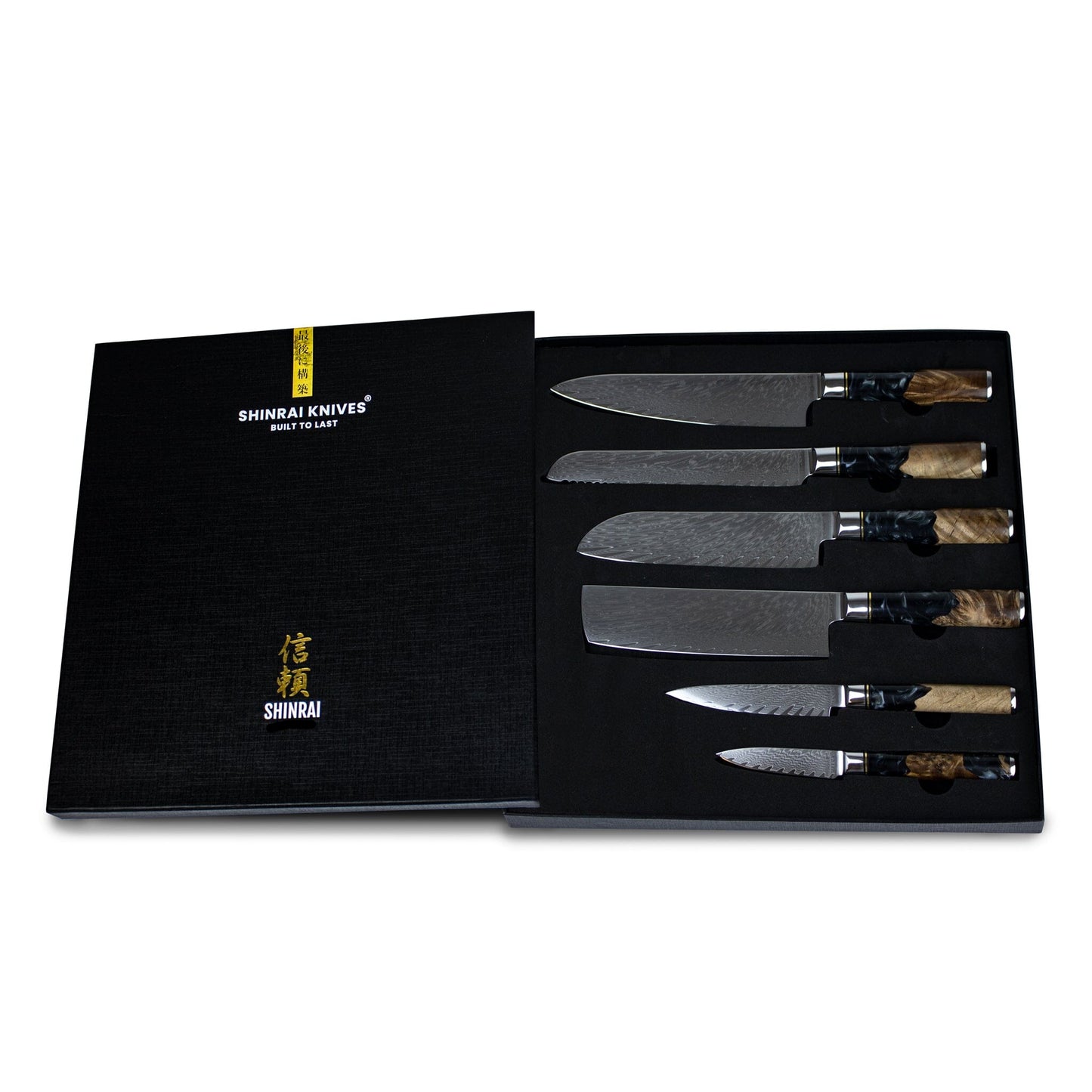 Shinrai Japan - Epoxy Onyx 6-delige Damascus Messenset + Magnetisch Messenblok Dubbelzijdig - Zwart Messenset met blok Shinrai Japan 