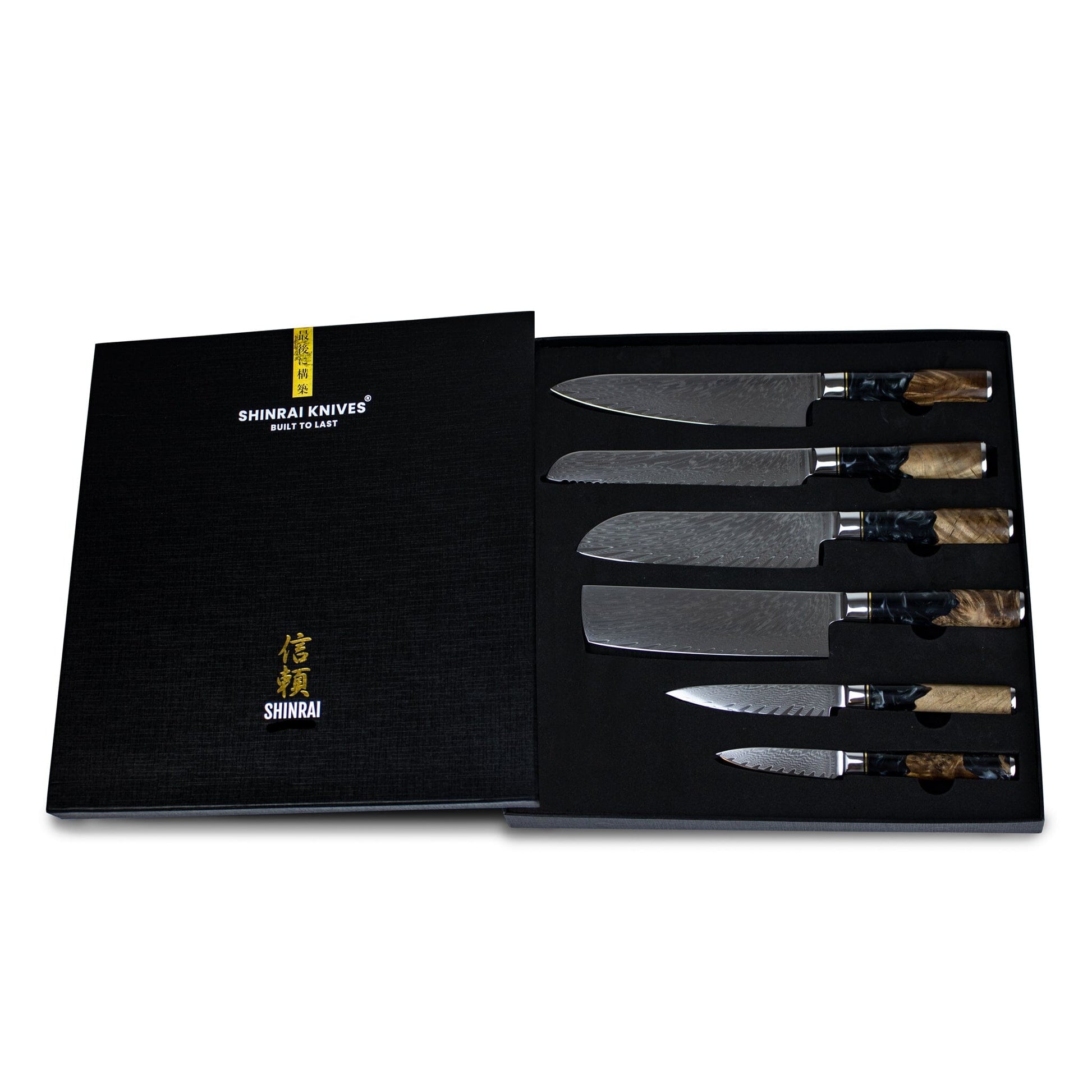Shinrai Japan - Epoxy Onyx 6-delige Damascus Messenset + Magnetisch Messenblok Dubbelzijdig - Zwart Messenset met blok Shinrai Japan 