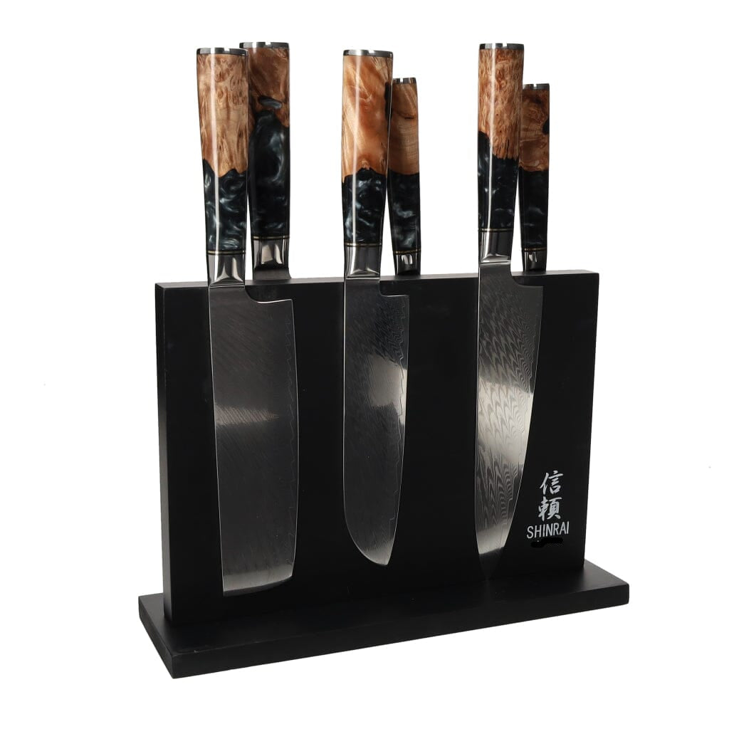 Shinrai Japan - Epoxy Onyx 6-delige Damascus Messenset + Magnetisch Messenblok Dubbelzijdig - Zwart Messenset met blok Shinrai Japan 