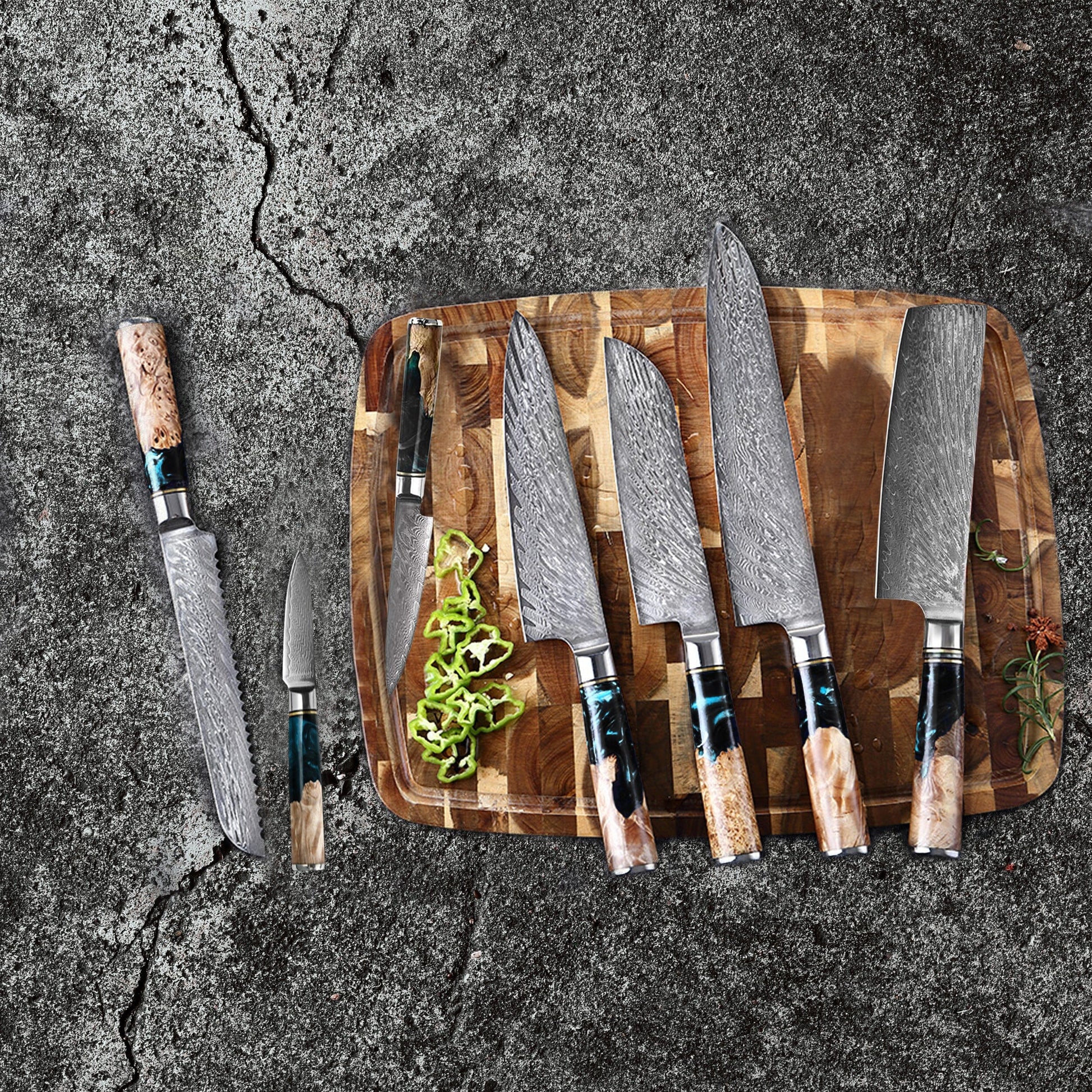 Shinrai Japan - Epoxy Onyx 6-delige Damascus Messenset + Magnetisch Messenblok Scalae - Acacia hout Messenset met blok Shinrai Japan 