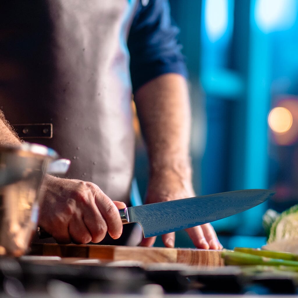 Shinrai Japan - Epoxy Sapphire 6-delige Damascus Messenset + Magnetisch Messenblok Scalae - Acacia hout Shinrai Japan 