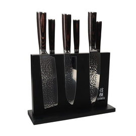 Shinrai Japan - Hammered RVS 6-delige Messenset + Magnetisch Messenblok Dubbelzijdig - Zwart Messenset met blok Shinrai Japan 