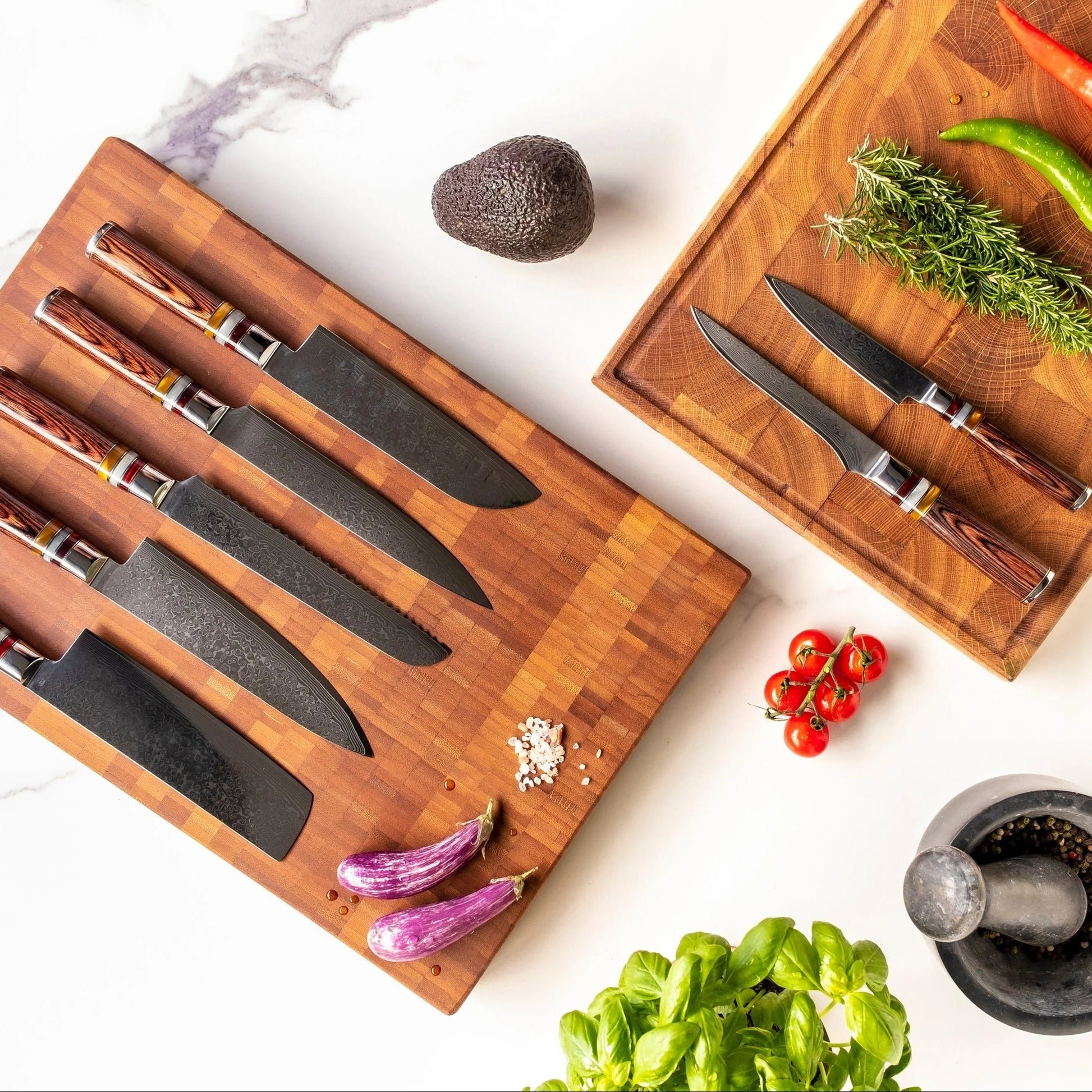 Shinrai Japan - Micarta Jewels 7-delige Damascus Messenset + Magnetisch Messenblok Scalae - Acacia hout Shinrai Japan 
