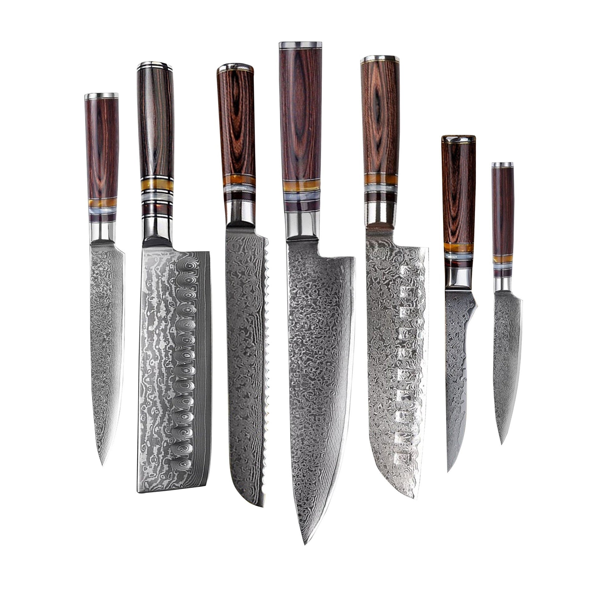 Shinrai Japan - Micarta Jewels 7-delige Damascus Messenset + Magnetisch Messenblok Scalae - Acacia hout Shinrai Japan 