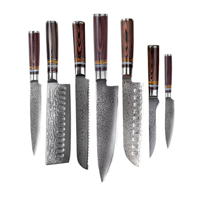 Shinrai Japan - Micarta Jewels 7-delige Damascus Messenset + Magnetisch Messenblok Scalae - Acacia hout Shinrai Japan 