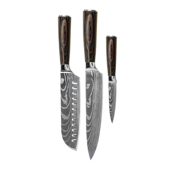 Couteaux Shinrai - Coffret de 3 couteaux à motif damassé - Couteau de chef + Santoku + Couteau d'office