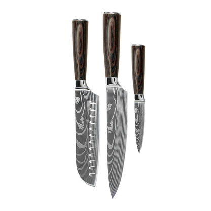 Shinrai Knives - Damascus Print 3-delige Messenset - Koksmes + Santoku + Schilmes Messenset Shinrai Knives 