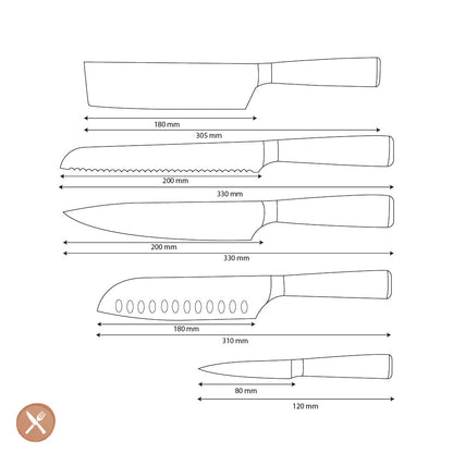 Shinrai Knives - Damascus Print 5-delige Messenset - Koksmes + Broodmes + Nakiri + Santoku + Schilmes Messenset Shinrai Knives 