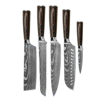 Shinrai Knives - Damascus Print 5-delige Messenset - Koksmes + Broodmes + Nakiri + Santoku + Schilmes Messenset Shinrai Knives 