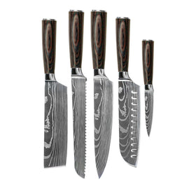 Shinrai Knives - Damascus Print 5-delige Messenset - Koksmes + Broodmes + Nakiri + Santoku + Schilmes Messenset Shinrai Knives 