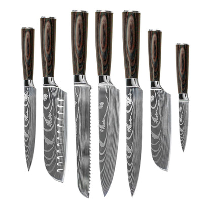 Shinrai Knives - Damascus Print 7-delige Messenset + Messenblok + Slijpsteen Messenset met blok en slijpsteen Shinrai Knives 