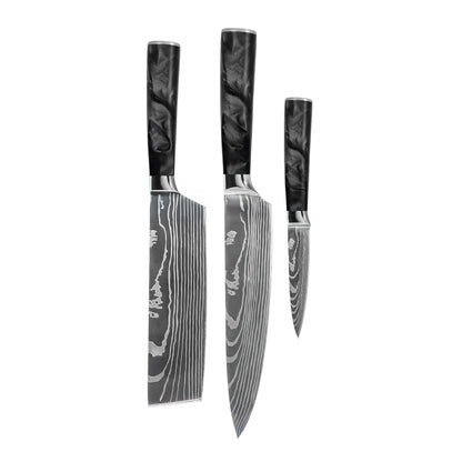 Shinrai Knives - Damascus Print Epoxy Onyx 3-delige Messenset - Koksmes + Nakiri + Schilmes Messenset Shinrai Knives 