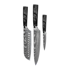 Shinrai Knives - Damascus Print Epoxy Onyx 3-delige Messenset - Koksmes + Santoku + Schilmes Messenset Shinrai Knives 
