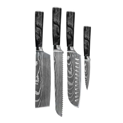 Shinrai Knives - Damascus Print Epoxy Onyx 4-delige Messenset - Santoku + Broodmes + Nakiri + Schilmes Messenset Shinrai Knives 