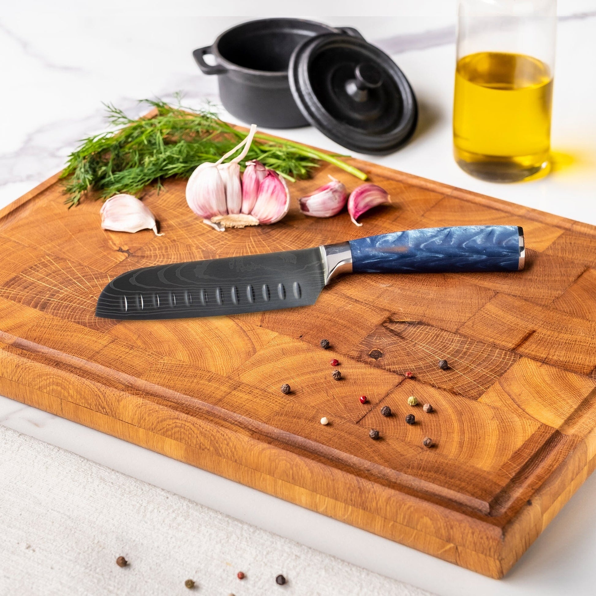 Shinrai Knives - Damascus Print Epoxy Sapphire 2-delige Messenset - Santoku + Schilmes Messenset Shinrai Knives 