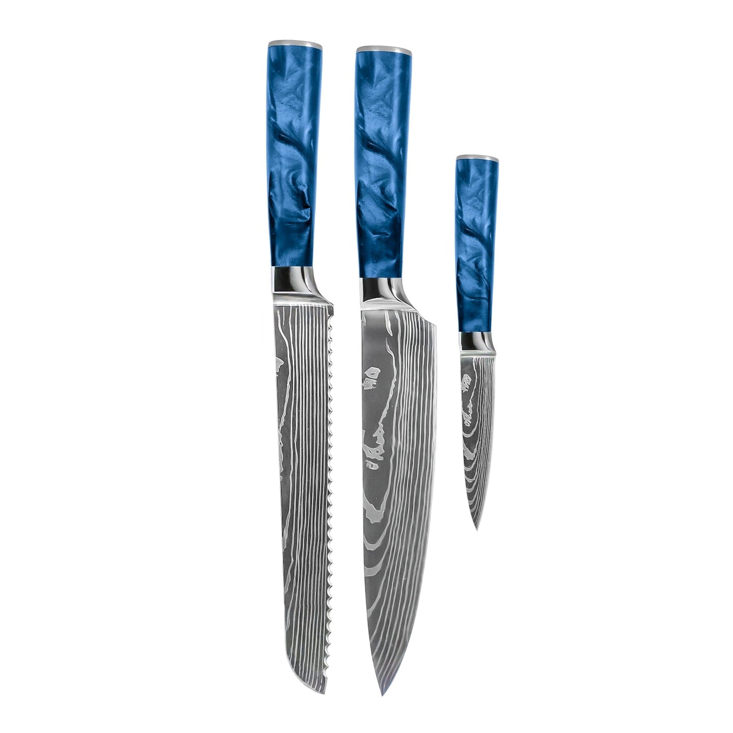 Shinrai Knives - Damascus Print Epoxy Sapphire 3-delige Messenset - Koksmes + Broodmes + Schilmes Messenset Shinrai Knives 