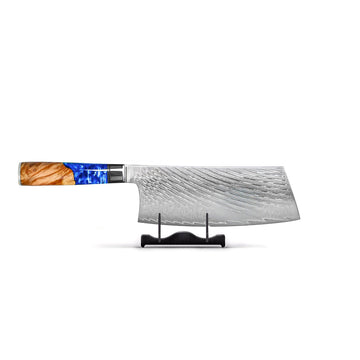 Shinrai Knives - Epoxy Sapphire 3-delige Damascus Messenset - Koksmes + Nakiri + Santoku Messenset Shinrai Knives 