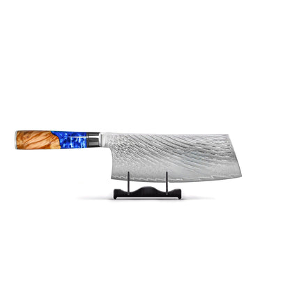 Shinrai Knives - Epoxy Sapphire 3-delige Damascus Messenset - Koksmes + Nakiri + Santoku Messenset Shinrai Knives 