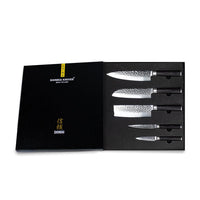Couteaux Shinrai - Coffret de 5 couteaux en acier damassé martelé BR + bloc magnétique Scalae - Coffret de couteaux en acacia avec bloc Couteaux Shinrai