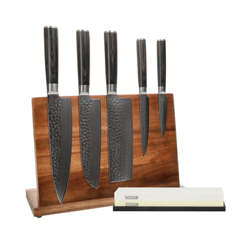 Shinrai Knives - Hammered Damast BR 5-delige Messenset + Messenblok + Slijpsteen Messenset met blok en slijpsteen Shinrai Knives 