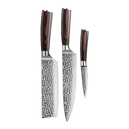 Shinrai Knives - Hammered RVS 3-delige Messenset - Koksmes + Nakiri + Schilmes Messenset Shinrai Knives 