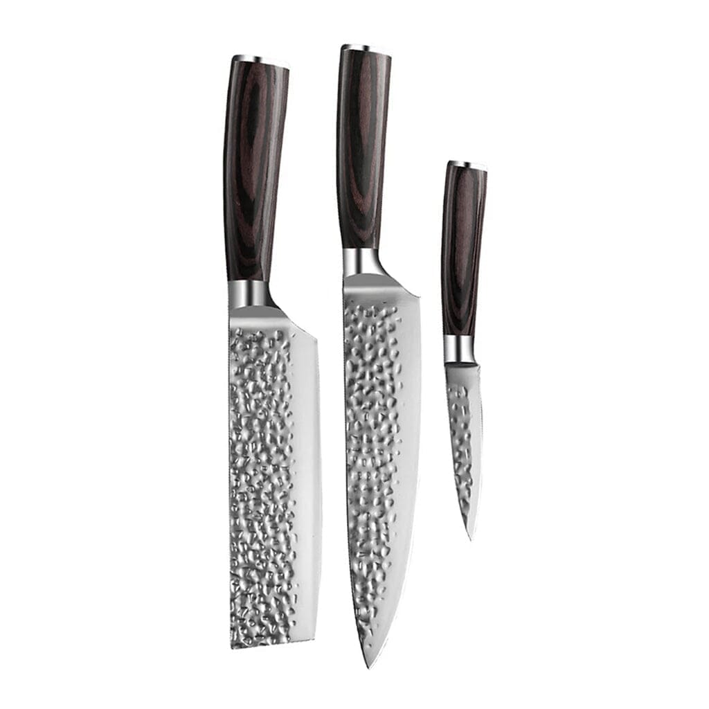 Shinrai Knives - Hammered RVS 3-delige Messenset - Koksmes + Nakiri + Schilmes Messenset Shinrai Knives 