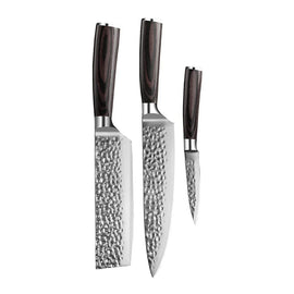 Shinrai Knives - Hammered RVS 3-delige Messenset - Koksmes + Nakiri + Schilmes Messenset Shinrai Knives 