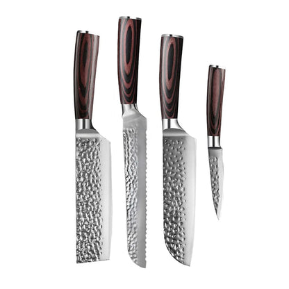 Shinrai Knives - Hammered RVS 4-delige Messenset - Santoku + Broodmes + Nakiri + Schilmes Messenset Shinrai Knives 