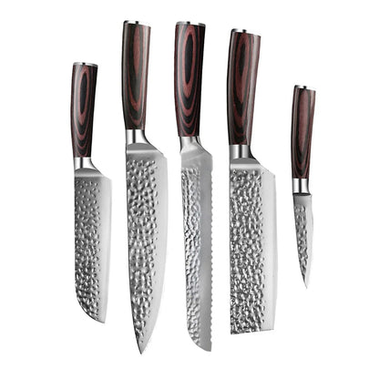 Shinrai Knives - Hammered RVS 5-delige Messenset - Koksmes + Broodmes + Nakiri + Kleine Santoku + Schilmes Messenset Shinrai Knives 