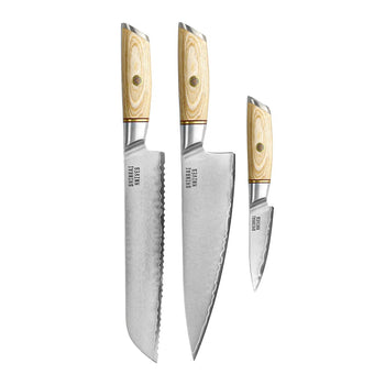 Couteaux Shinrai - Coffret 3 pièces Hikari Damas - Couteau de chef + Couteau à pain + Couteau d'office