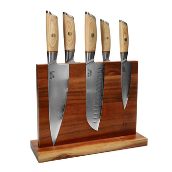 Couteaux Shinrai - Coffret de 5 couteaux Hikari Damas + Bloc à couteaux double face