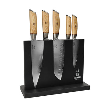 Couteaux Shinrai - Coffret de 5 couteaux Hikari Damas + Bloc à couteaux noir double face