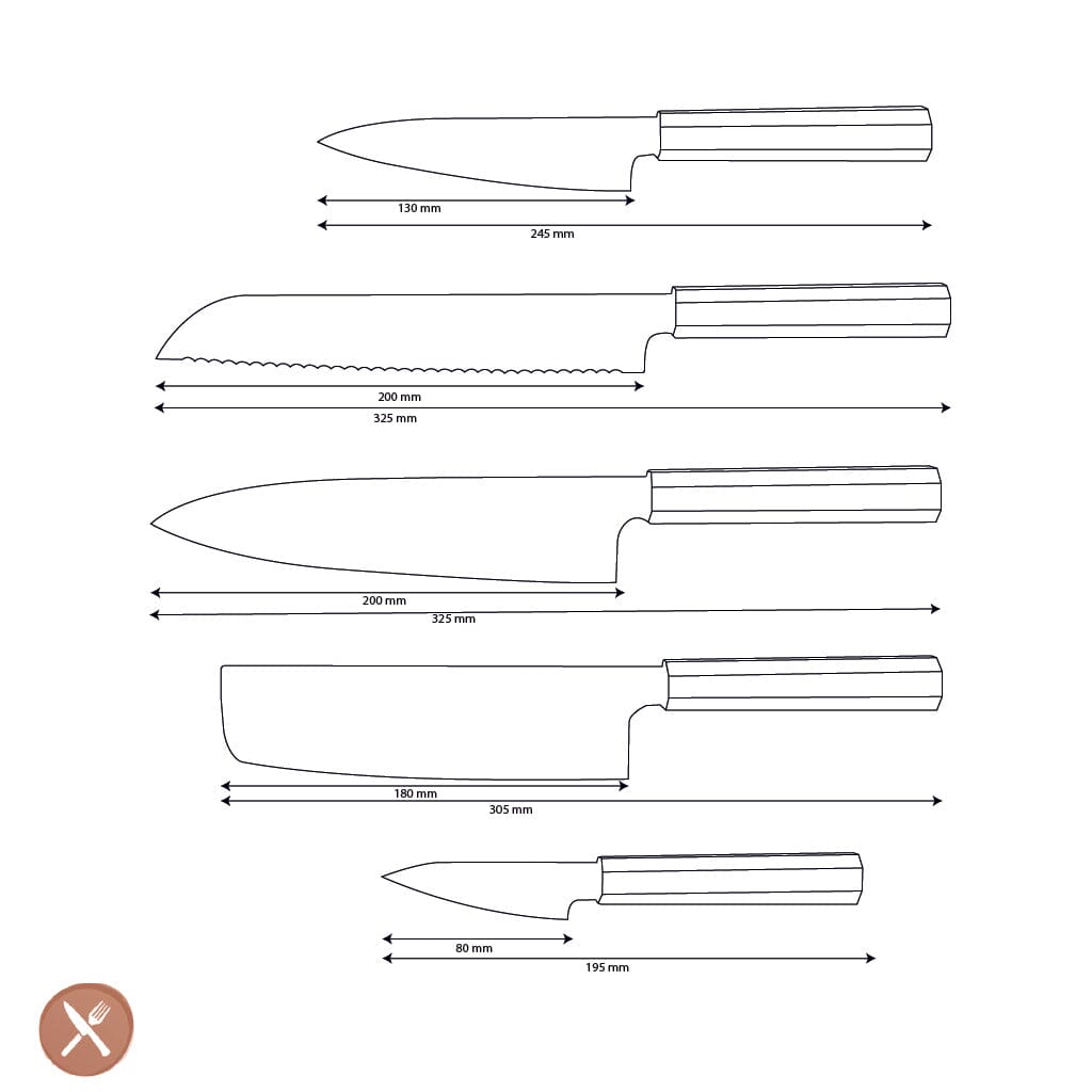 Shinrai Knives - Kigami Exclusive Damascus 5-delige set - Koksmes + Broodmes + Nakiri + Officemes + Schilmes Messenset Shinrai Knives 