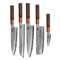 Shinrai Knives - Kigami Exclusive Damascus 5-delige set - Koksmes + Broodmes + Nakiri + Santoku + Schilmes Messenset Shinrai Knives 
