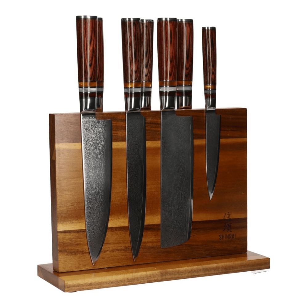 Shinrai Knives - Micarta Jewels 7-delige Damascus Messenset + Magnetisch Messenblok Dubbelzijdig Messenset met blok Shinrai Knives 