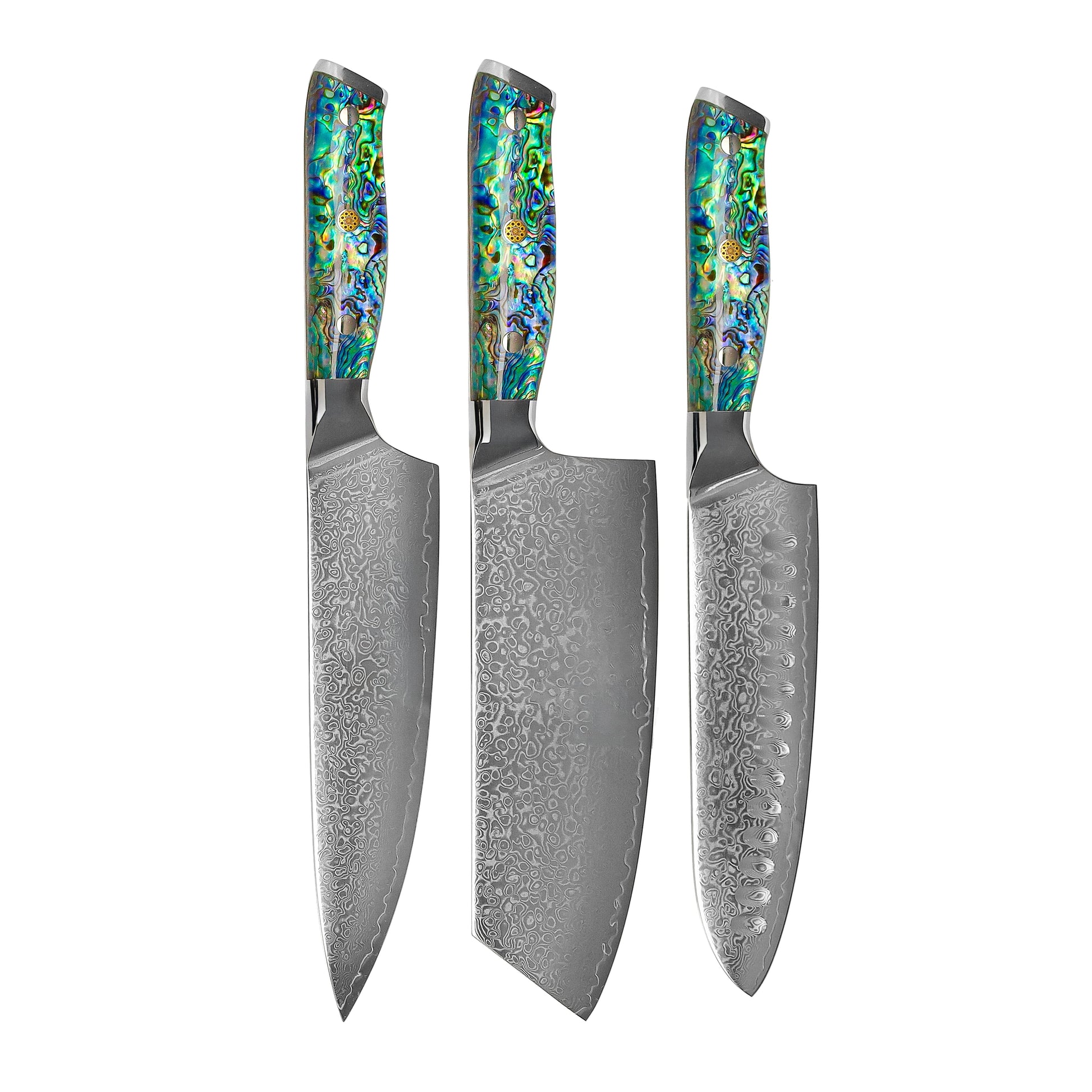 Shinrai Knives - Parelmoer Jewels 3-delige Damascus Messenset - Koksmes + Nakiri + Santoku Messenset Shinrai Knives 