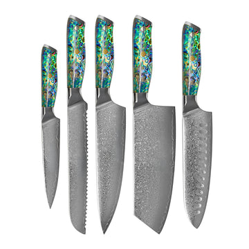 Shinrai Knives - Parelmoer Jewels 5-delige Messenset + Messenblok Stans Messenset met blok Shinrai Knives 