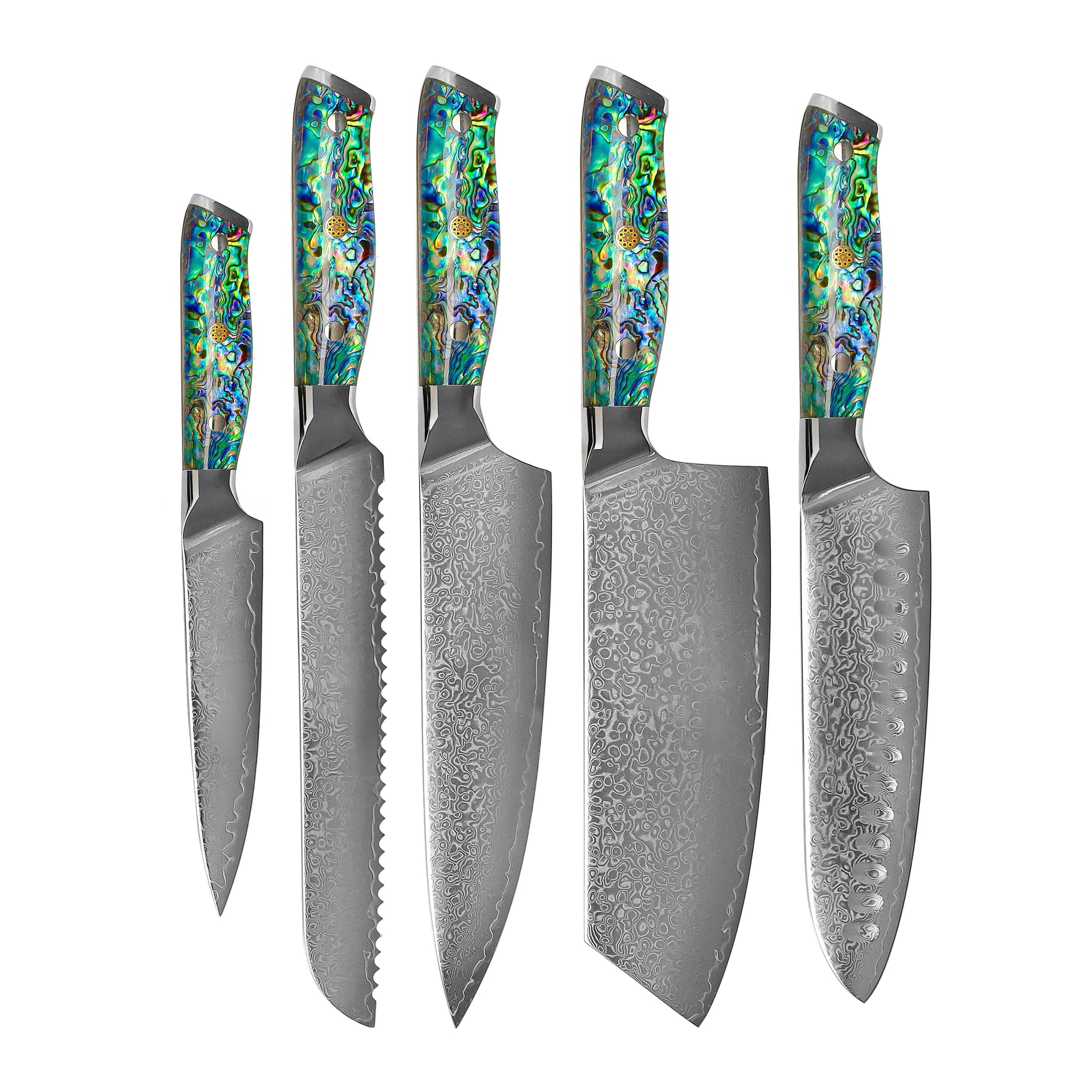 Shinrai Knives - Parelmoer Jewels 5-delige Messenset + Messenblok Stans Messenset met blok Shinrai Knives 