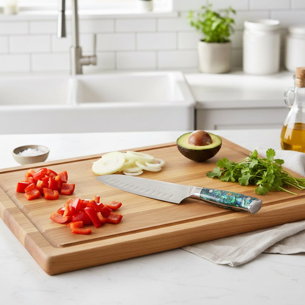 Shinrai Knives - Parelmoer Jewels Damascus Santoku mes 18 cm Santokumes Shinrai Knives 