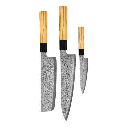 Shinrai Knives - Takumi Kaza 3-delige Damascus Messenset - Koksmes + Nakiri + Schilmes Messenset Shinrai Knives 