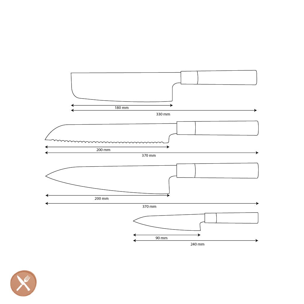 Couteaux Shinrai - Ensemble de couteaux Damas 4 pièces Takumi Kaza - Couteau de chef + Couteau à pain + Nakiri + Couteau d'office Ensemble de couteaux Shinrai Knives