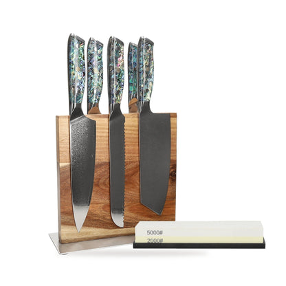 Shinrai Knives - Perlmutt-Juwelen 5-teiliges Messerset + Messerblock + Schleifstein