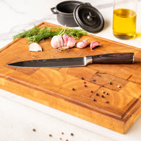 Messenset Damascus print 5 delig + Acacia Houder Dubbelzijdig Keukenmessen Shinrai Japan 