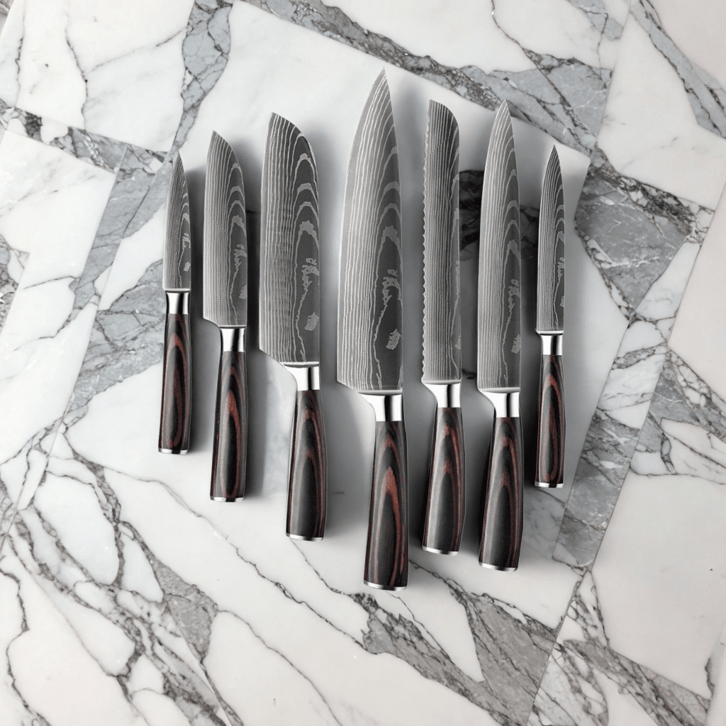 Shinrai Japan - Micarta Jewels 7-piece Damascus Knife Set + Magnetic K –  KookGigant